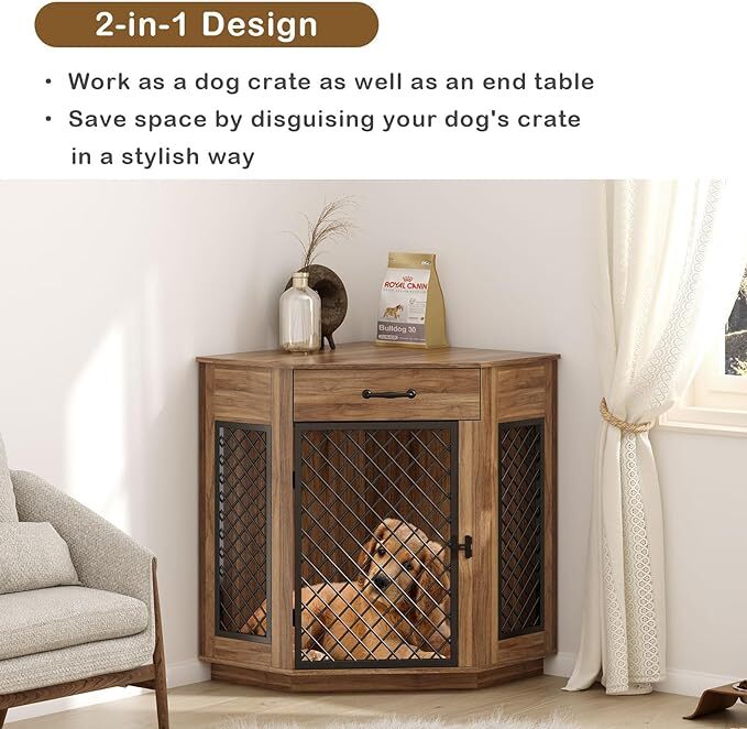 SogesPower Corner Dog Crate Furniture with Storage Drawer, Wooden Dog Kennel End Table for Small Dogs, Indoor Dog House with Metal Mesh Door and Lock for Living Room, Bedroom and Entrance, Vintage