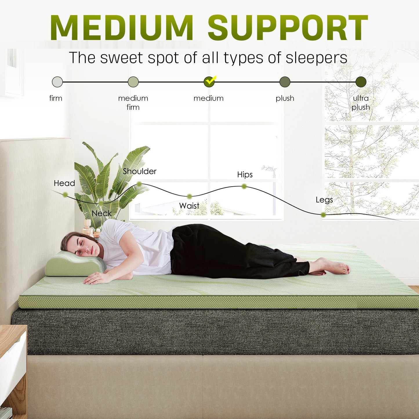 Aloe Vera Mattress, 2'' Memory Foam Mattress Topper, 30D Memory 1.2'' In White With 7 Zone/Egg Base Shape, With Pillow