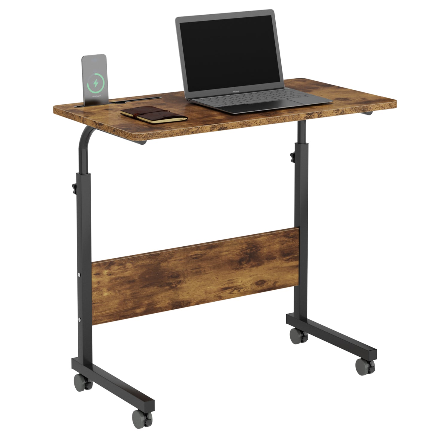 SogesPower C-Shaped Side End Table with Wheels, Sit-Stand Desk with Adjustable Height, Card Slot