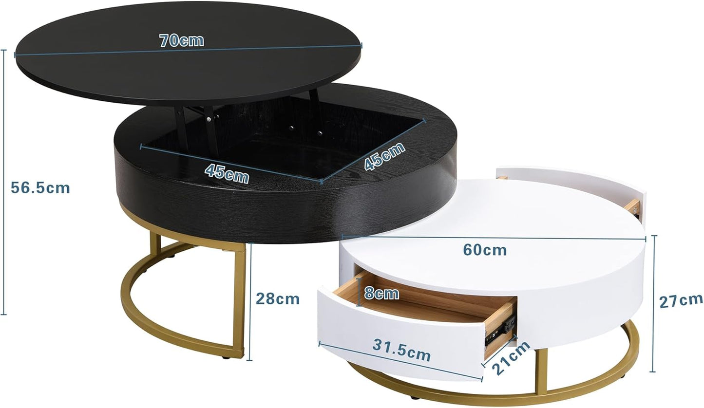 Set of 2 Round Coffee Table, Side Table, Coffee Table, Golden Nesting Table, Fold-Up Coffee Table Combination, Side Table with Two Drawers, 2-Piece Set