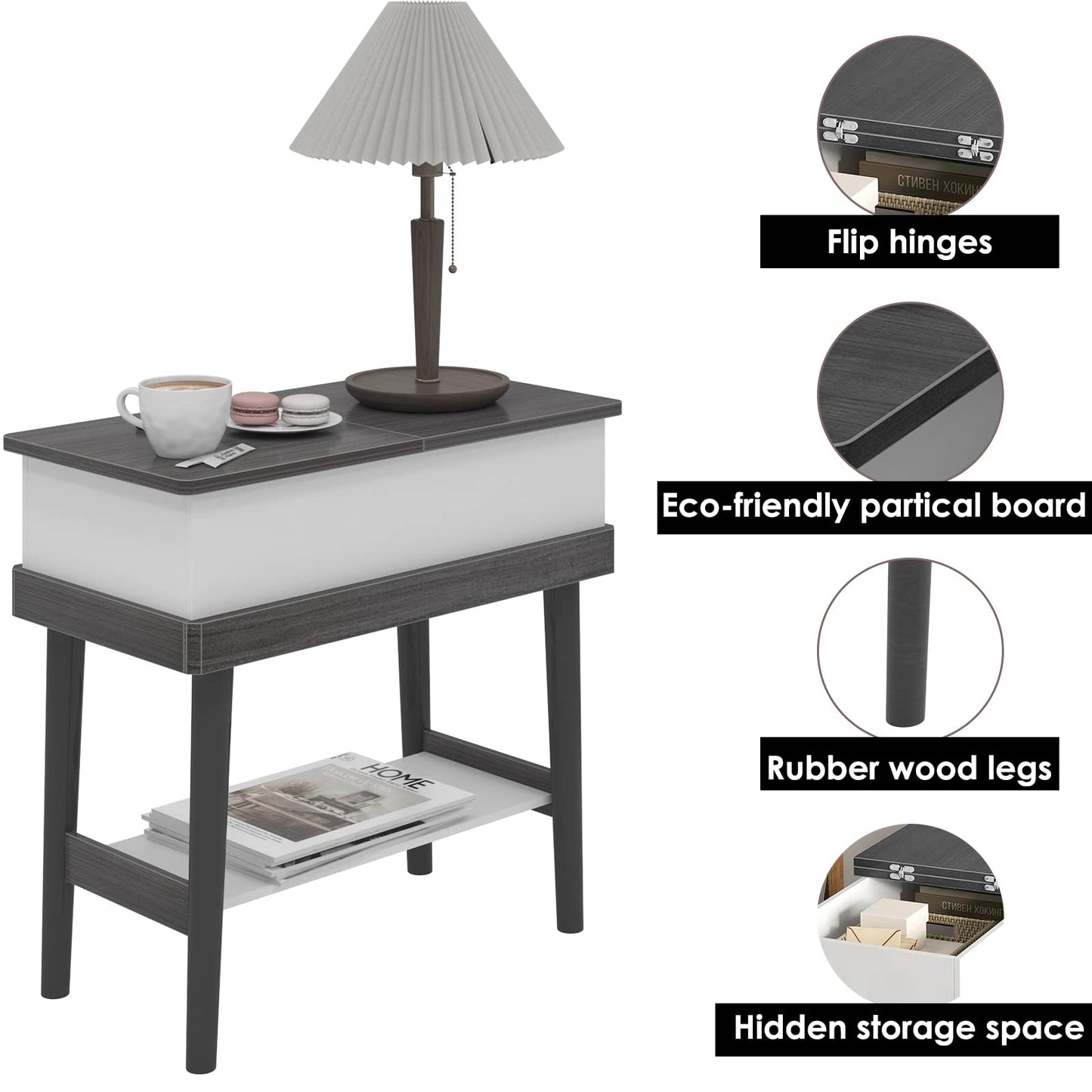 SogesHome Side Table with 1-Flip Cover Storage, End Table with Open Storage Shelf, Sofa Side Table Nightstand for Bedroom, Entryway, Living Room, Hallway, Grey&White