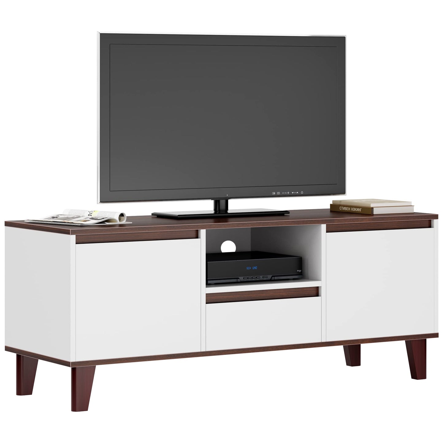 SogesHome TV Stand with 2-Door Cabinet, Entertainment Center for TVs Up with 1-Storage Cube&1-Drawer, TV Media Storage Console Table for Living Room, Bedroom, White&Brown