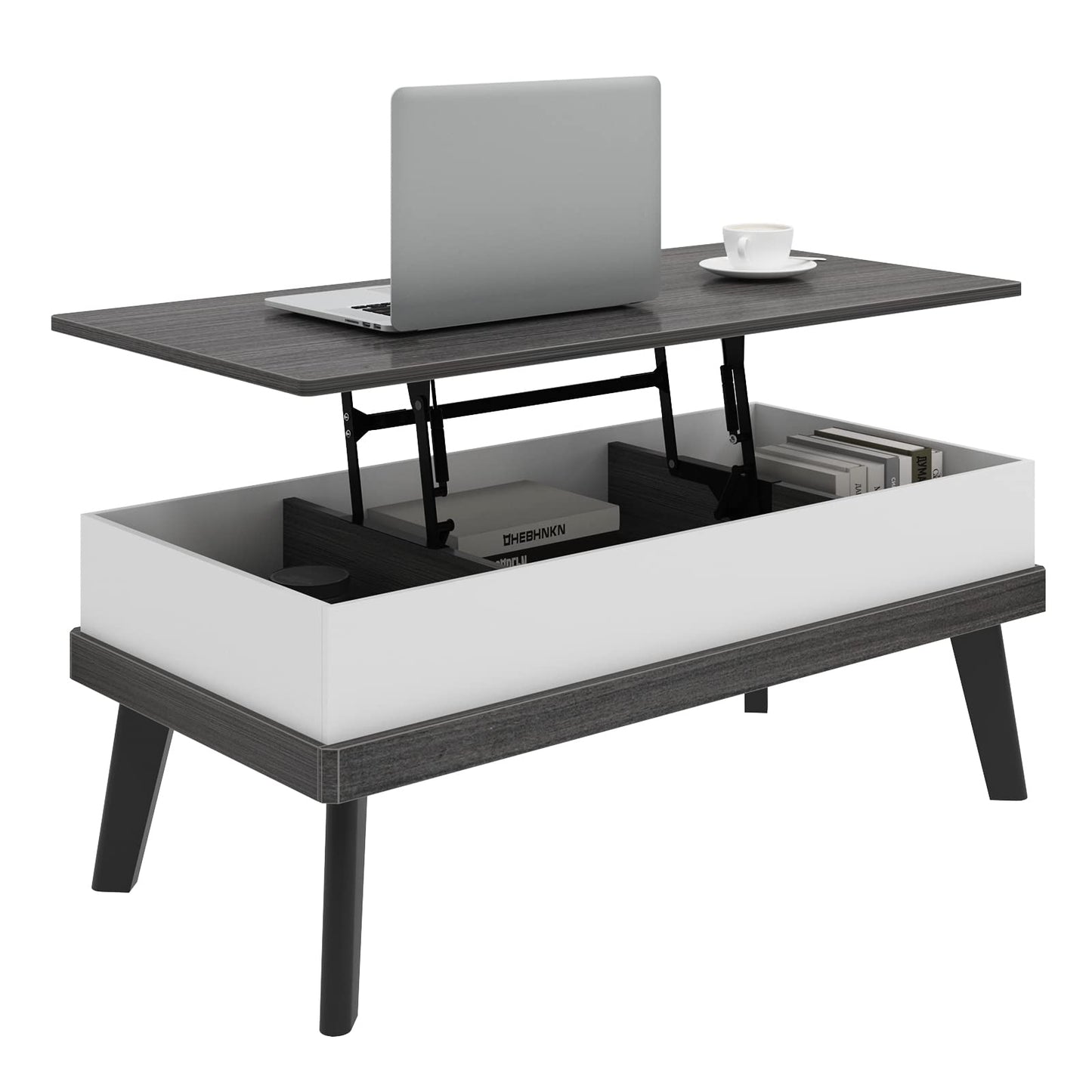 SogesHome Lift Top Coffee Table, Tea Table with Hidden Compartment, Lift Tabletop Table for Living Room, Home Office, Kitchen, Grey&White