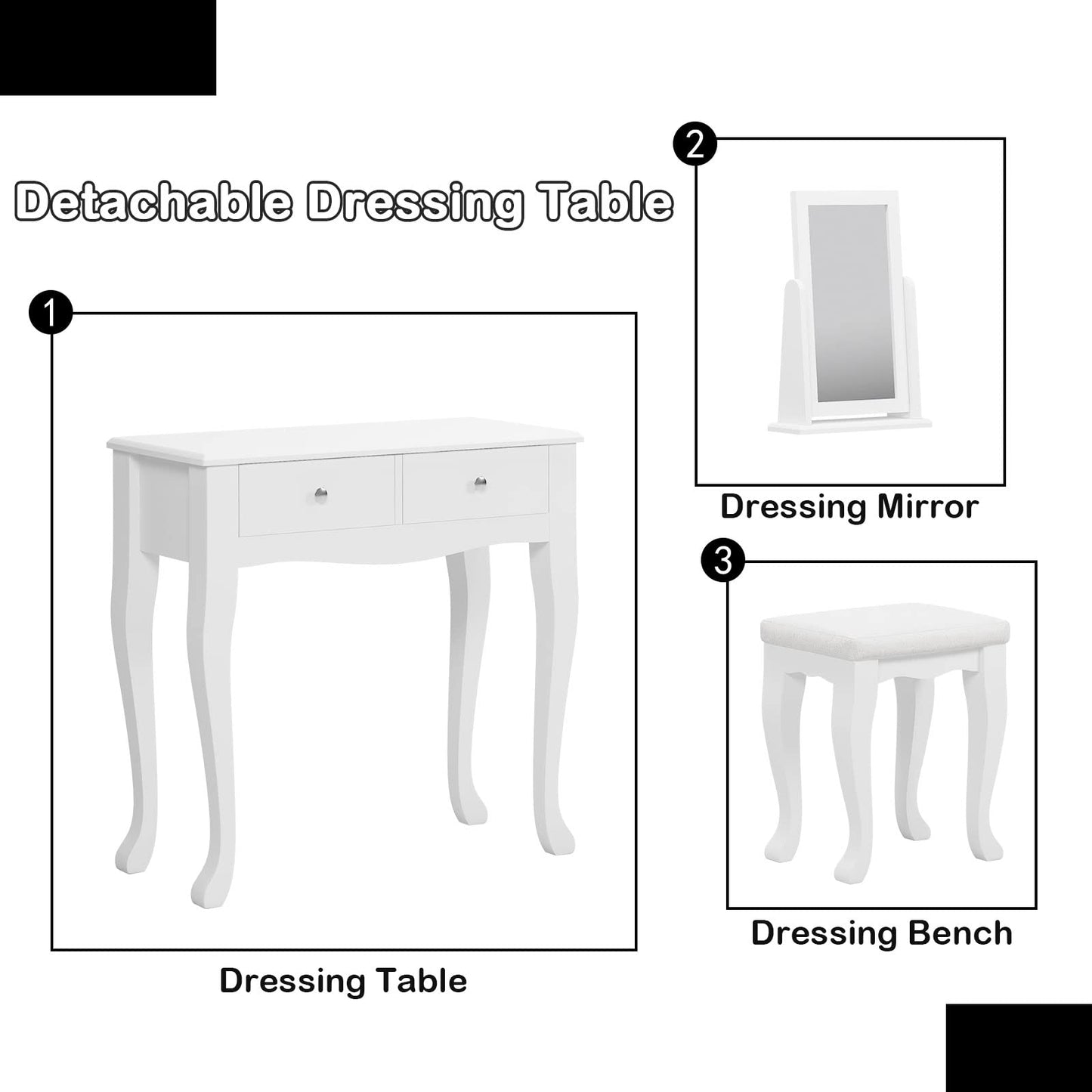 SogesHome Vanity Table Sets with Moveable Mirror and Padded Stool, Makeup Desk with 2-Drawers, Classic White Dressing Table Vanity Desk with Cured Leg for Bedroom, Makeup Studio, Dormitory