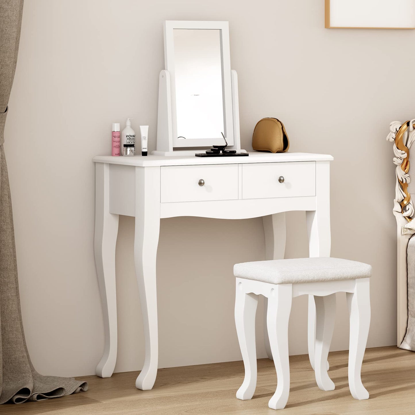 SogesHome Vanity Table Sets with Moveable Mirror and Padded Stool, Makeup Desk with 2-Drawers, Classic White Dressing Table Vanity Desk with Cured Leg for Bedroom, Makeup Studio, Dormitory