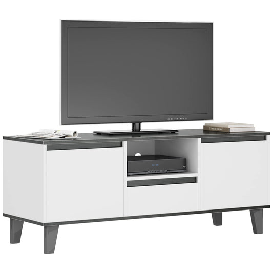 SogesHome TV Stand with 2-Door Cabinet, Entertainment Center for TVs Up with 1-Storage Cube&1-Drawer, TV Media Storage Console Table for Living Room, Bedroom,White&Grey