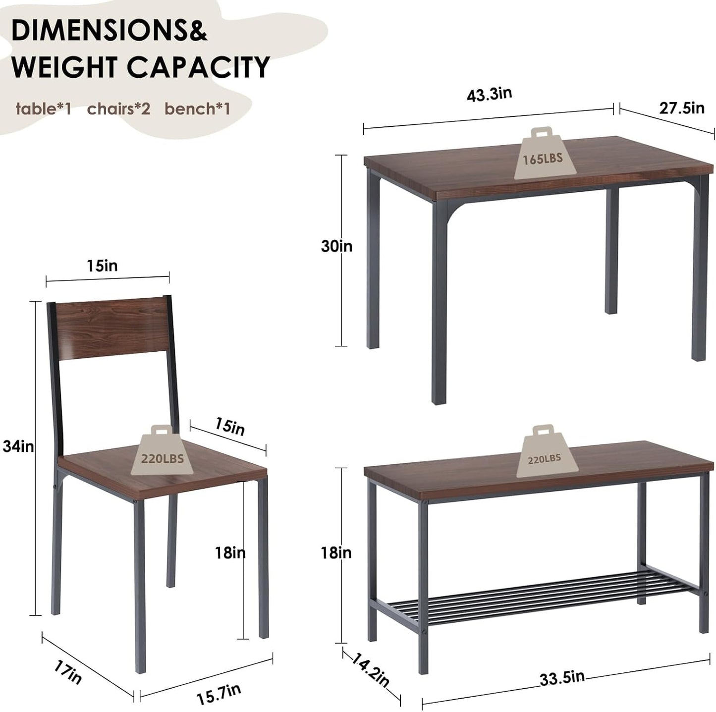 Dining Set of 4 Kitchen Dining Room Placemats for 4 People Modern Wooden Table with 2 Chairs and a Long Bench Space-Saving Place Mat for Restaurant Coffee Shop