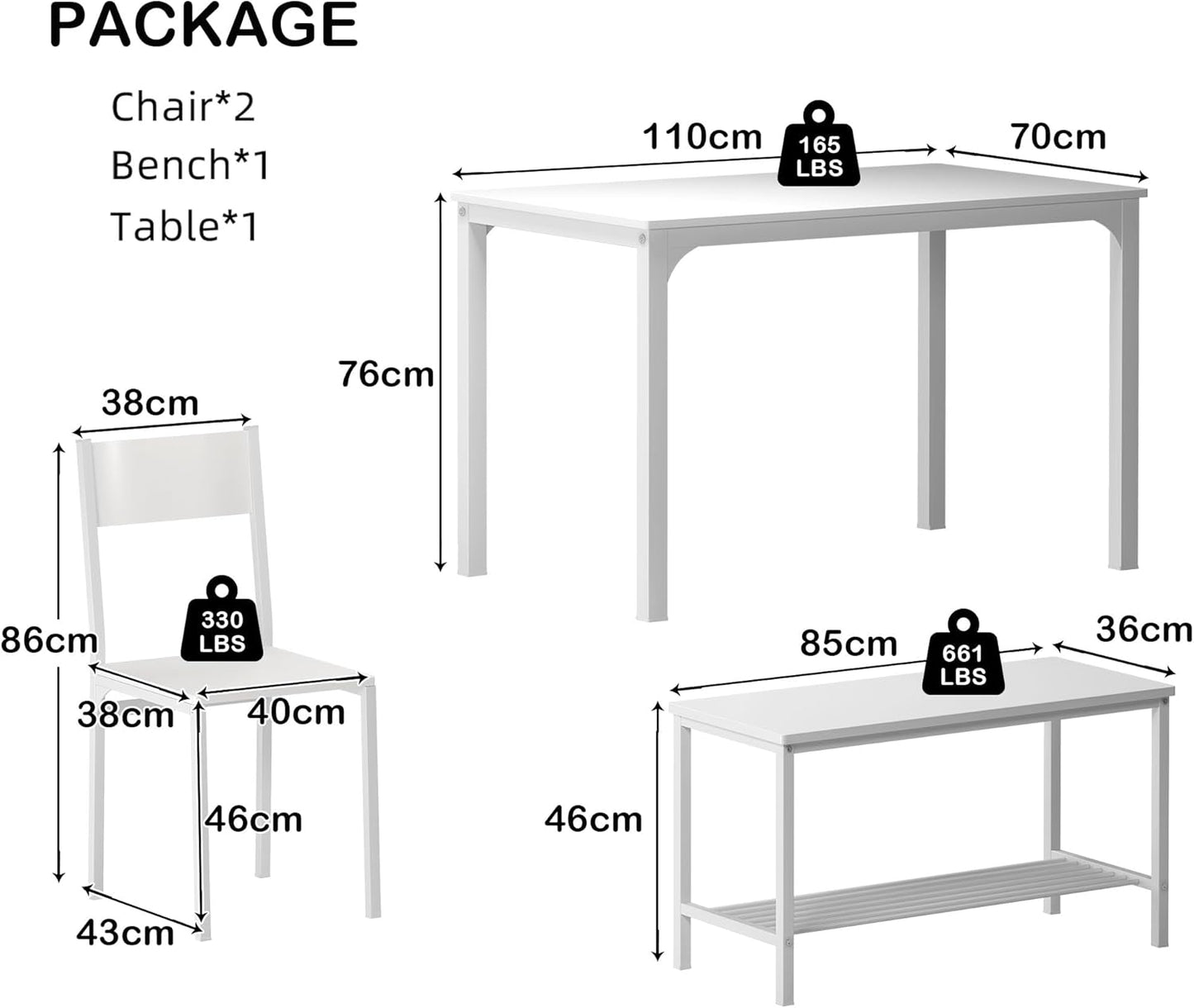 Dining Table Set 4-Piece Dining Room Table Furniture Table Set 2 Chairs and Bench with Shelf Made of Wood and Steel Frame for Dining Room Kitchen