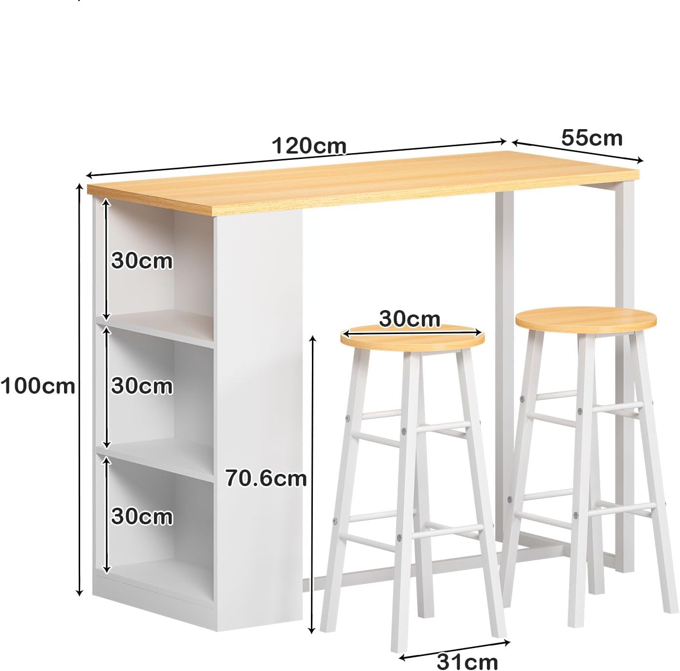 Bar Table Dining Table Set with 2 Chairs Kitchen Dining Table with 3 Storage Compartments Console for Corridor Dining Room Living Room 120 x 55 x 100 cm