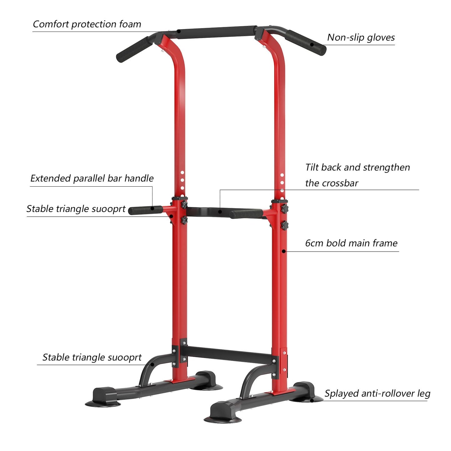 SogesHome Power Tower Pull Up Bar and Dip Station Adjustable Height Dip Stand Multi-Functional Strength Training Fitness Workout Station, Red