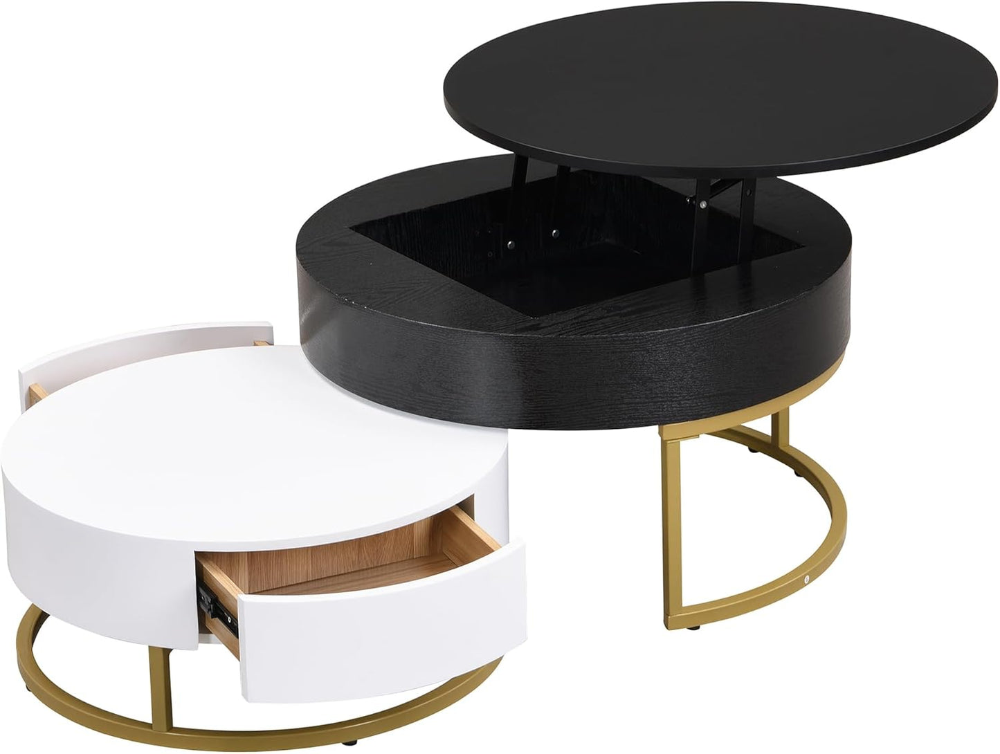 Set of 2 Round Coffee Table, Side Table, Coffee Table, Golden Nesting Table, Fold-Up Coffee Table Combination, Side Table with Two Drawers, 2-Piece Set