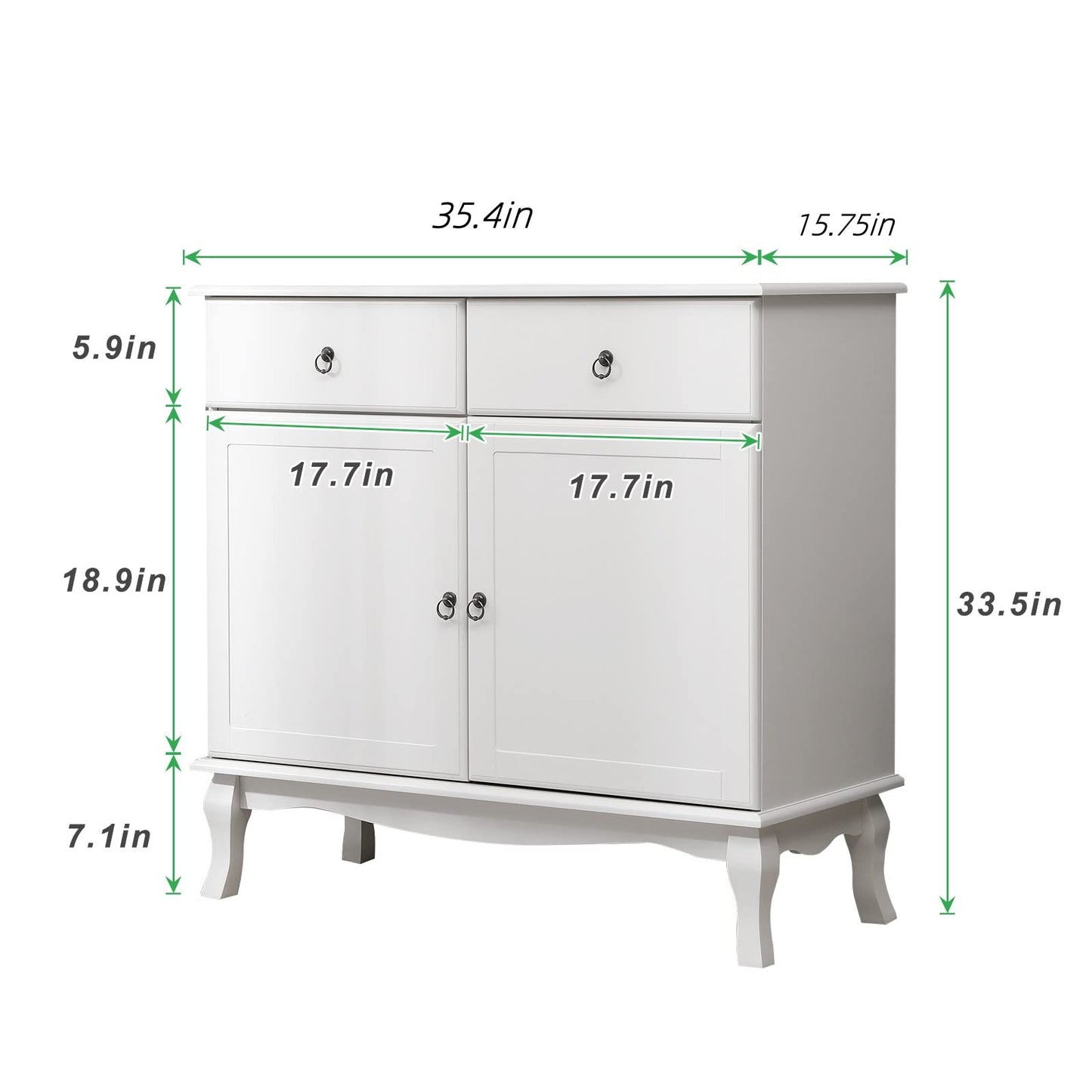 SogesHome Storage Cabinet with Curved Leg, 3-Tier Sideboard with 2-Drawers, Storage Organizer Cabinet for Living Room, Bedroom, Home, Kitchen, White