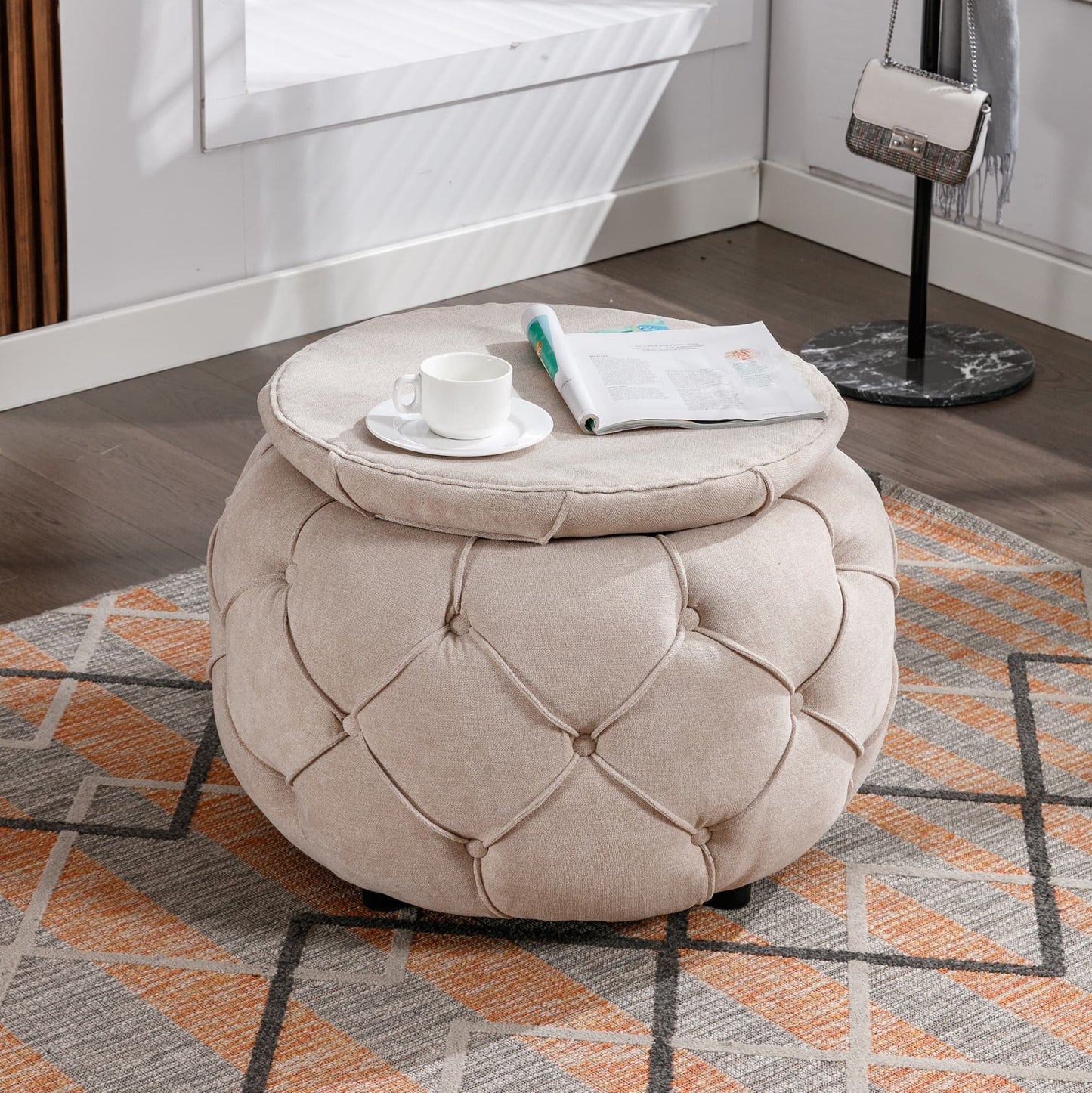 SogesPower Large Button Tufted Woven Round Storage Ottoman for Living Room & Bedroom,17.7"H Burlap Beige