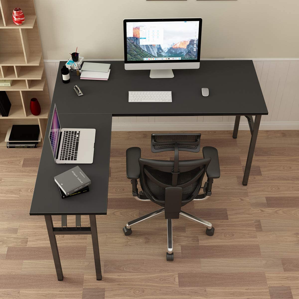 SogesPower 55" L Shaped Folding Computer Desk, Large L Desk Home Office Desk Multifunctional Workstation- Black