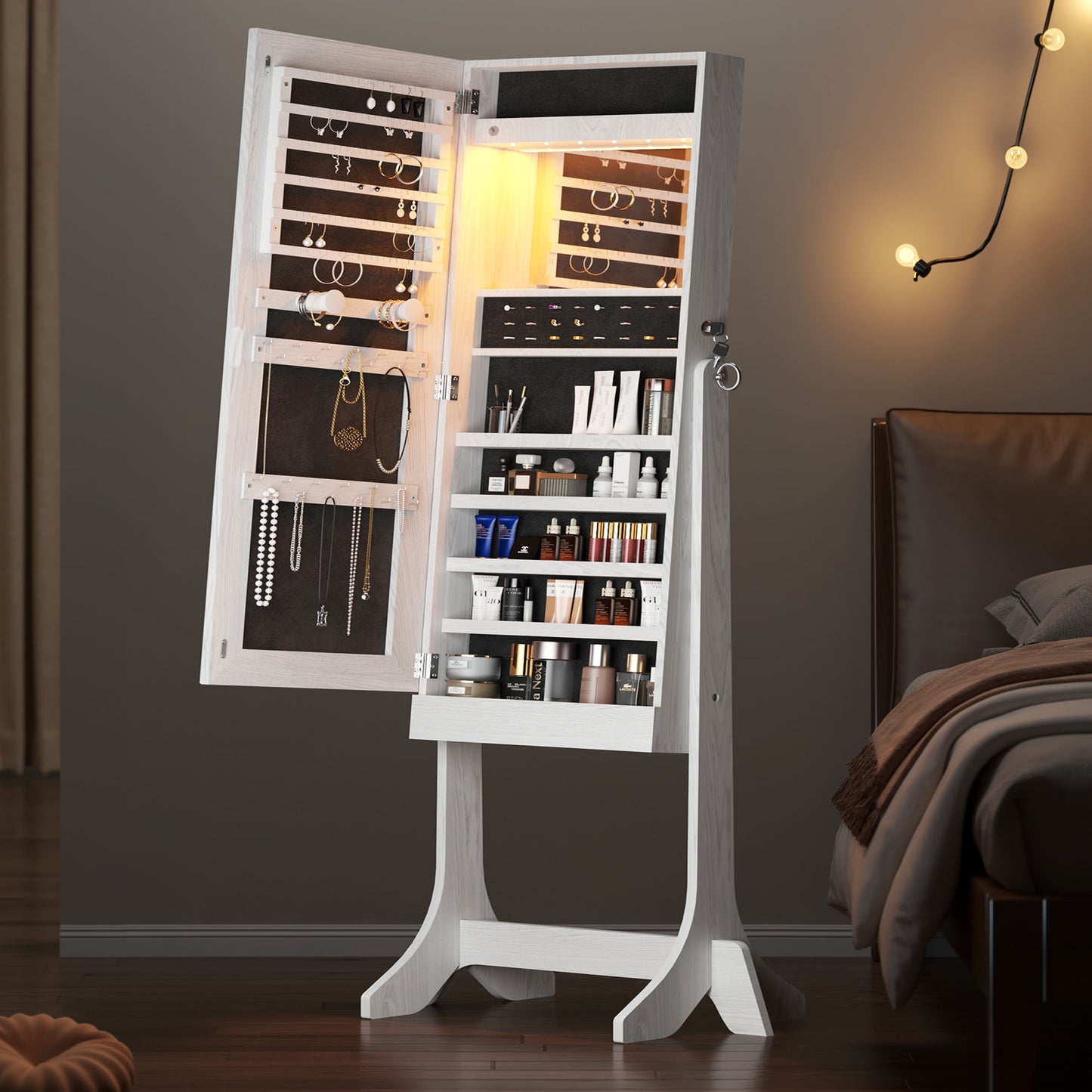 SogesPower LED Full-Length Mirror Cabinet For Cosmetic Storage- White