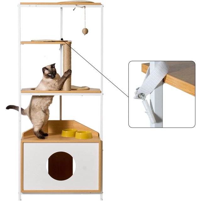Soges 4-Tier Cat Tree for Corner, Cat Tree Tower with Scratching Post, Cat Litter Box with Feeding Station and Climbing Platforms