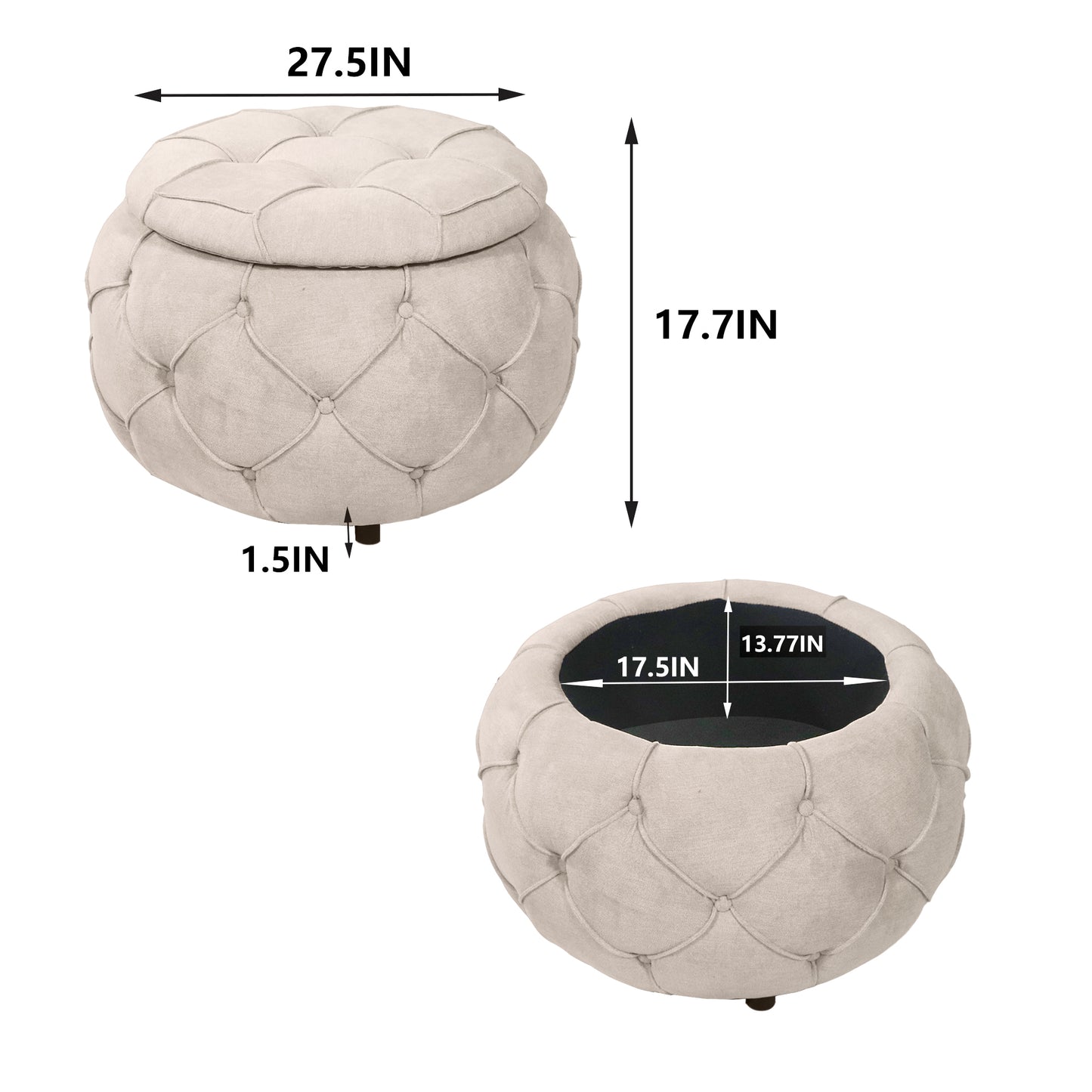 SogesPower Large Button Tufted Woven Round Storage Ottoman for Living Room & Bedroom,17.7"H Burlap Beige