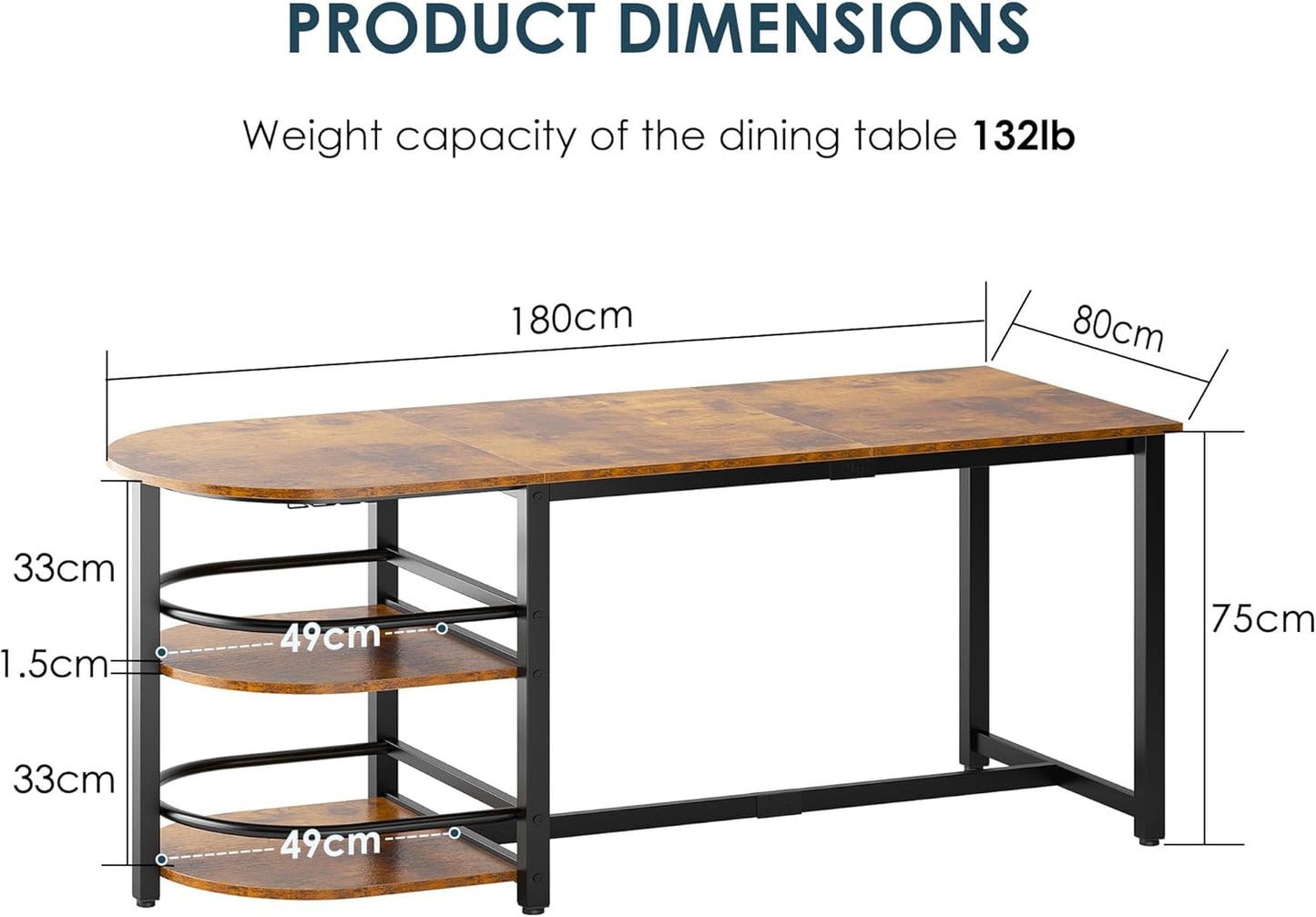 Dining Room Table XXL Large Dining Table 180 cm Metal Wood Material with Shelf 2 Levels and Wine Glass Holder Glass Holder for Dining Room Kitchen