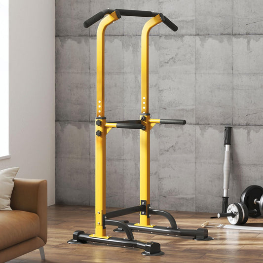 SogesHome Power Tower Pull Up Bar and Dip Station Adjustable Height Dip Stand Multi-Functional Strength Training Fitness Workout Station, Yellow