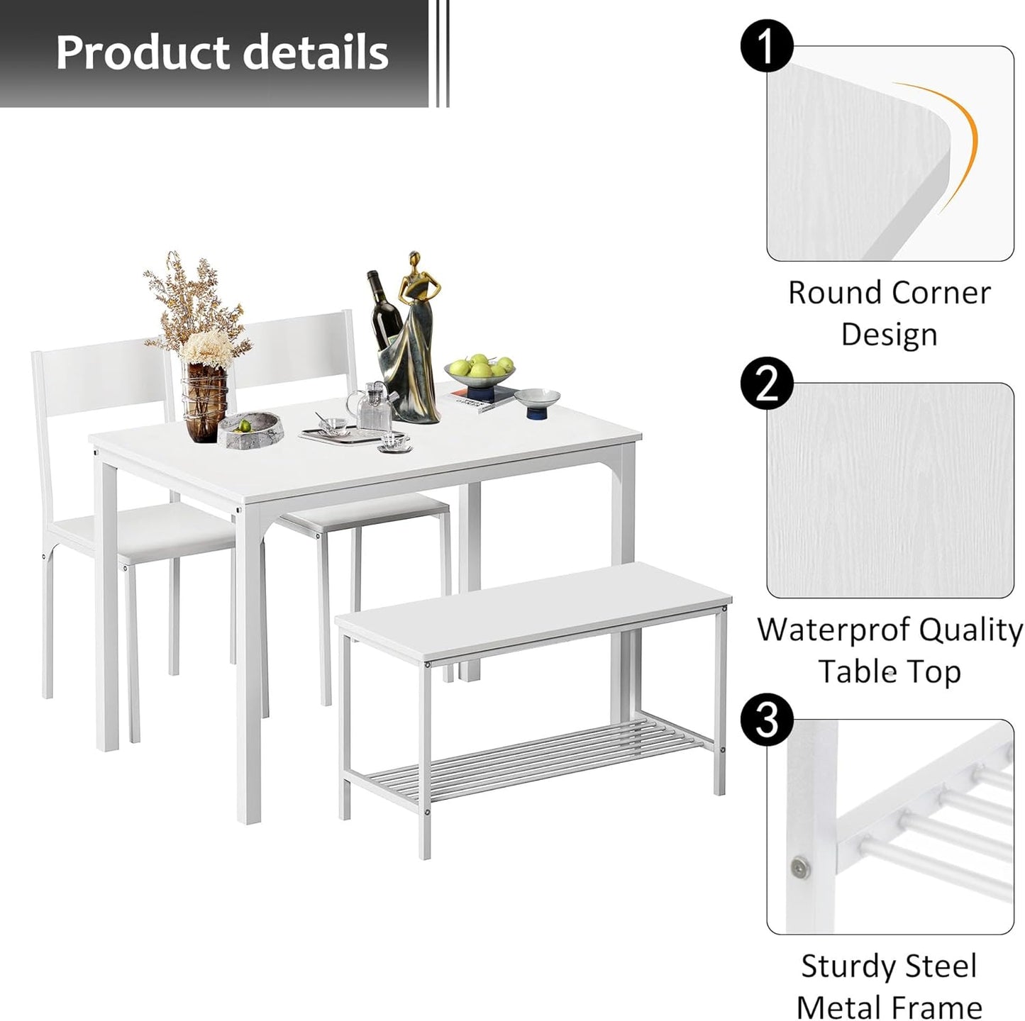 Dining Table Set 4-Piece Dining Room Table Furniture Table Set 2 Chairs and Bench with Shelf Made of Wood and Steel Frame for Dining Room Kitchen