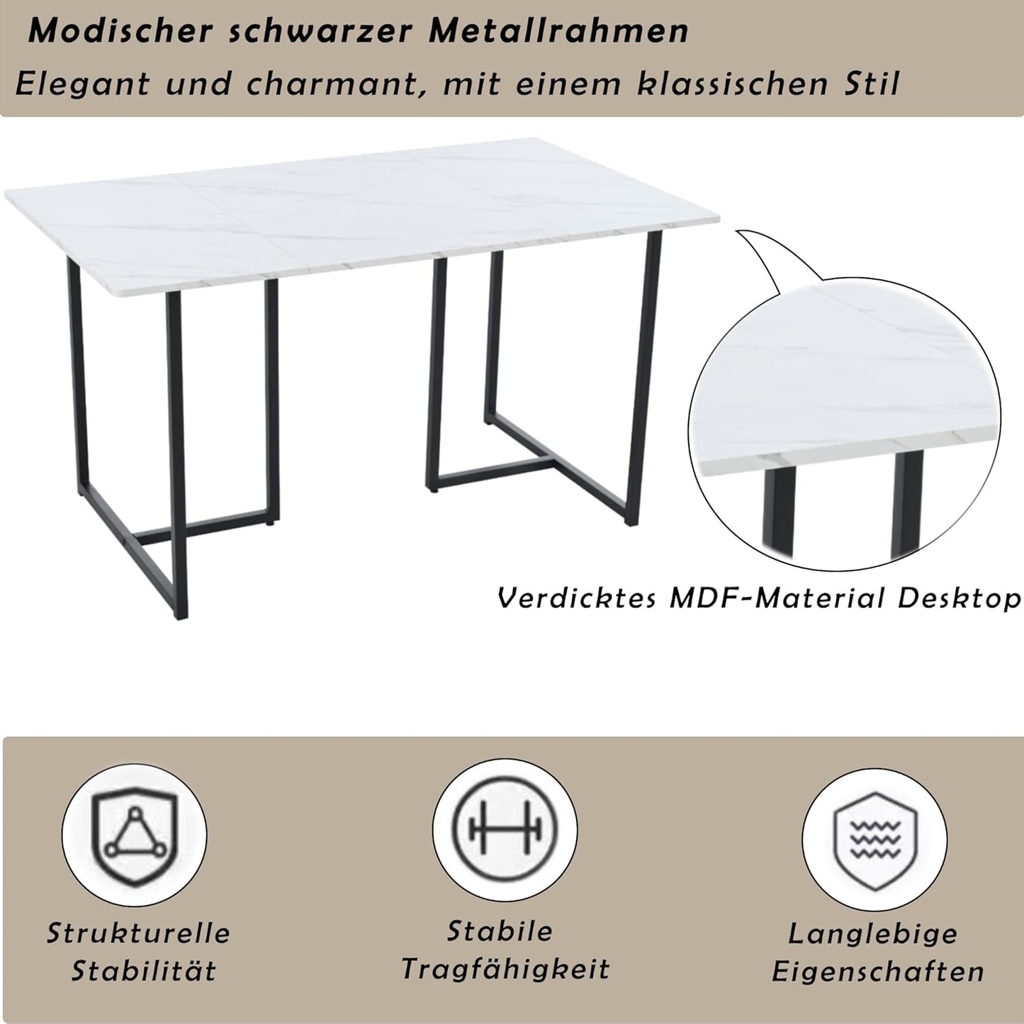 Dining Room Table, Kitchen Table, Modern Marble Pattern, MDF Metal Frame, Table for Living Room, Dining Room, 140 x 80 x 75 cm