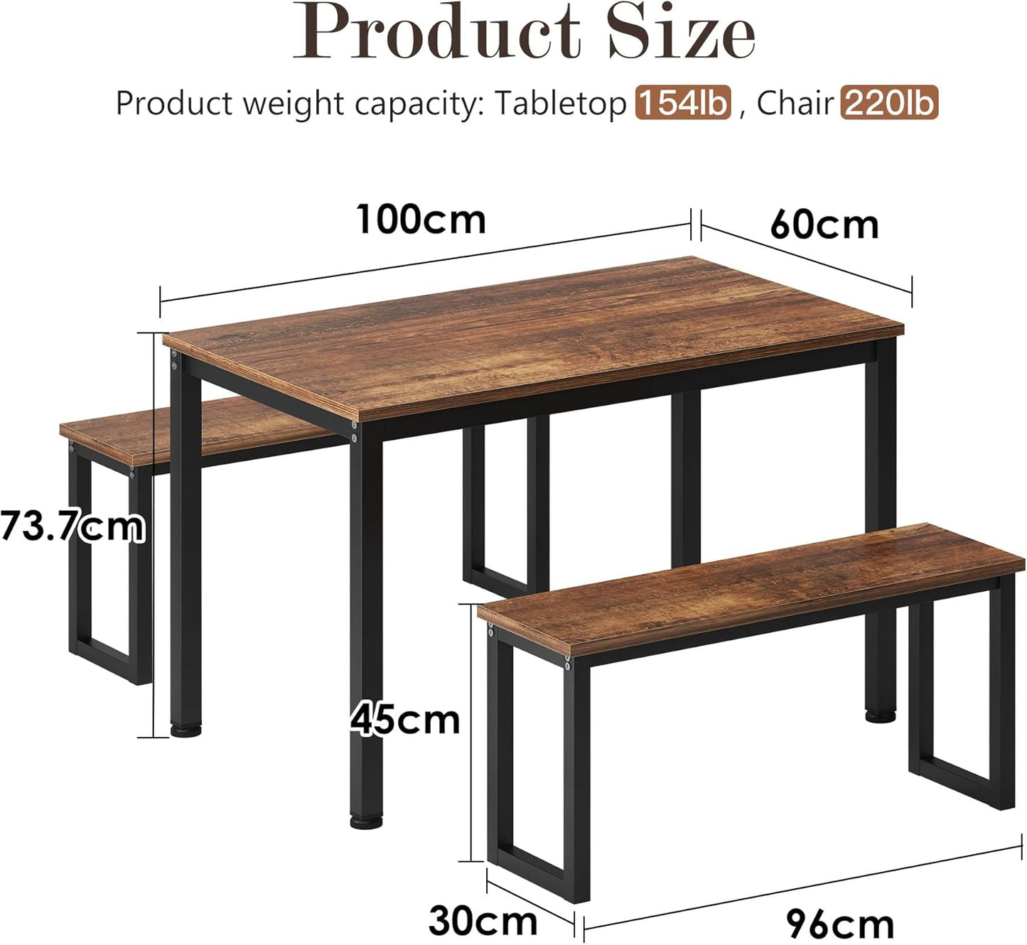 Dining Table with 2 Benches, Set of 3, Kitchen Table, Dining Room Table, 100 x 60 x 74 cm, Made of Metal Frame and Wood Materials for Dining Room, Kitchen, Living Room (Vintage)