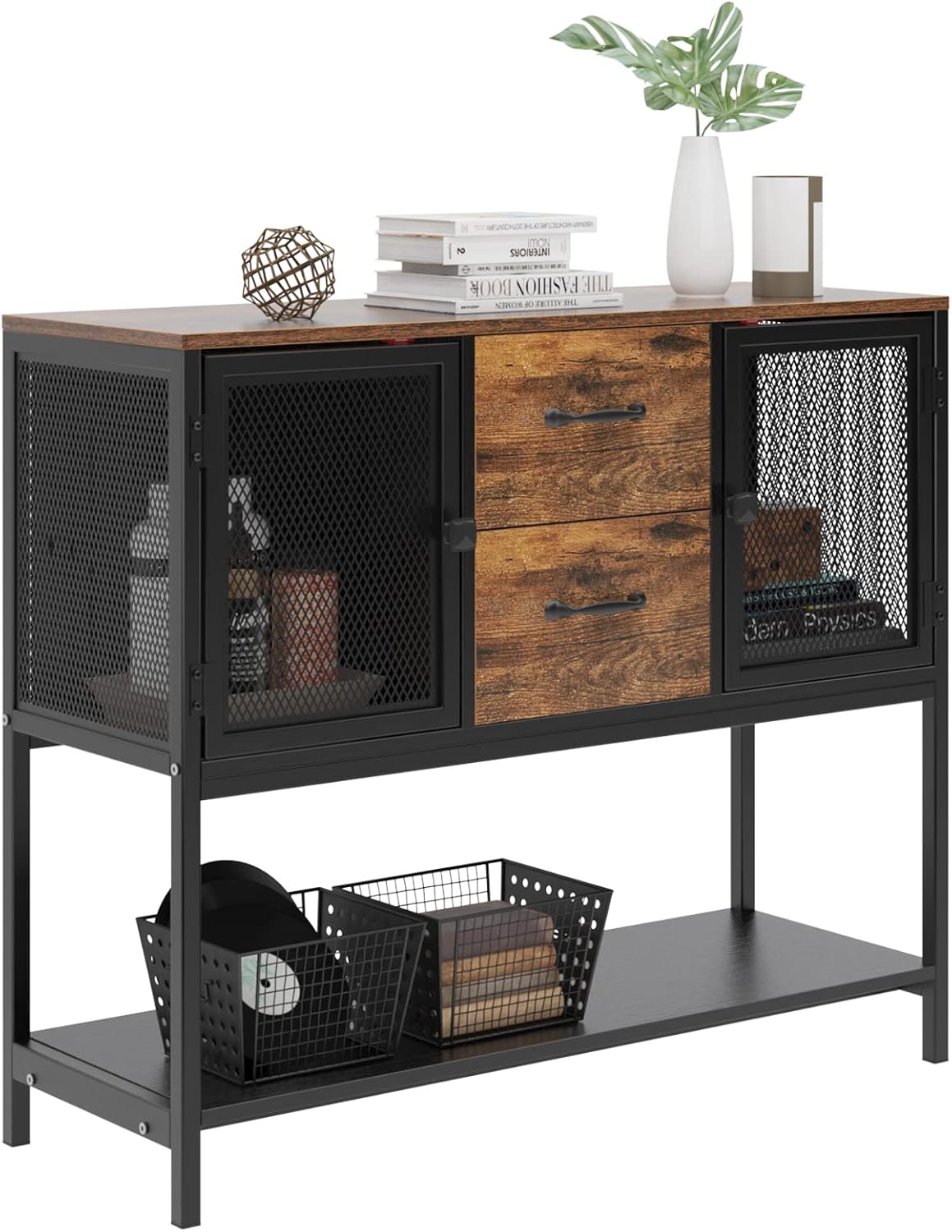 Buffets Kitchen Cabinet Side Cabinet Sideboard Console Table Storage Cabinet with 2 Metal Mesh Doors 2 Drawers