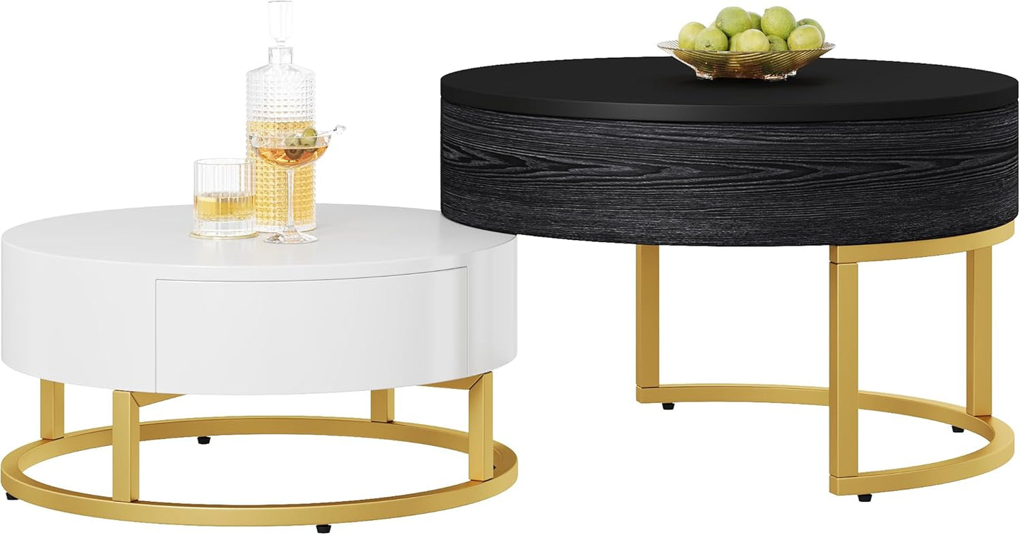 Set of 2 Round Coffee Table, Side Table, Coffee Table, Golden Nesting Table, Fold-Up Coffee Table Combination, Side Table with Two Drawers, 2-Piece Set
