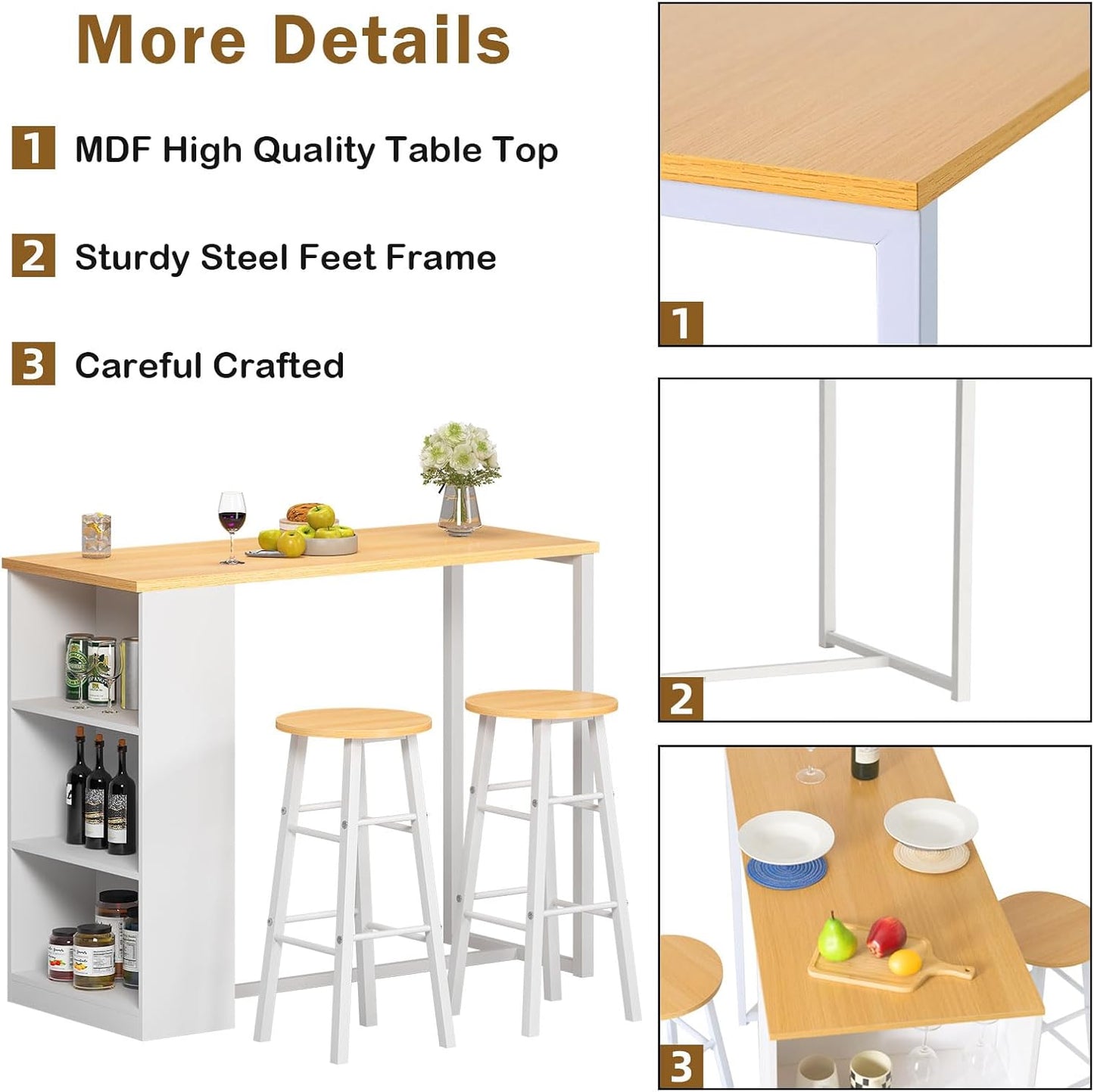 Bar Table Dining Table Set with 2 Chairs Kitchen Dining Table with 3 Storage Compartments Console for Corridor Dining Room Living Room 120 x 55 x 100 cm