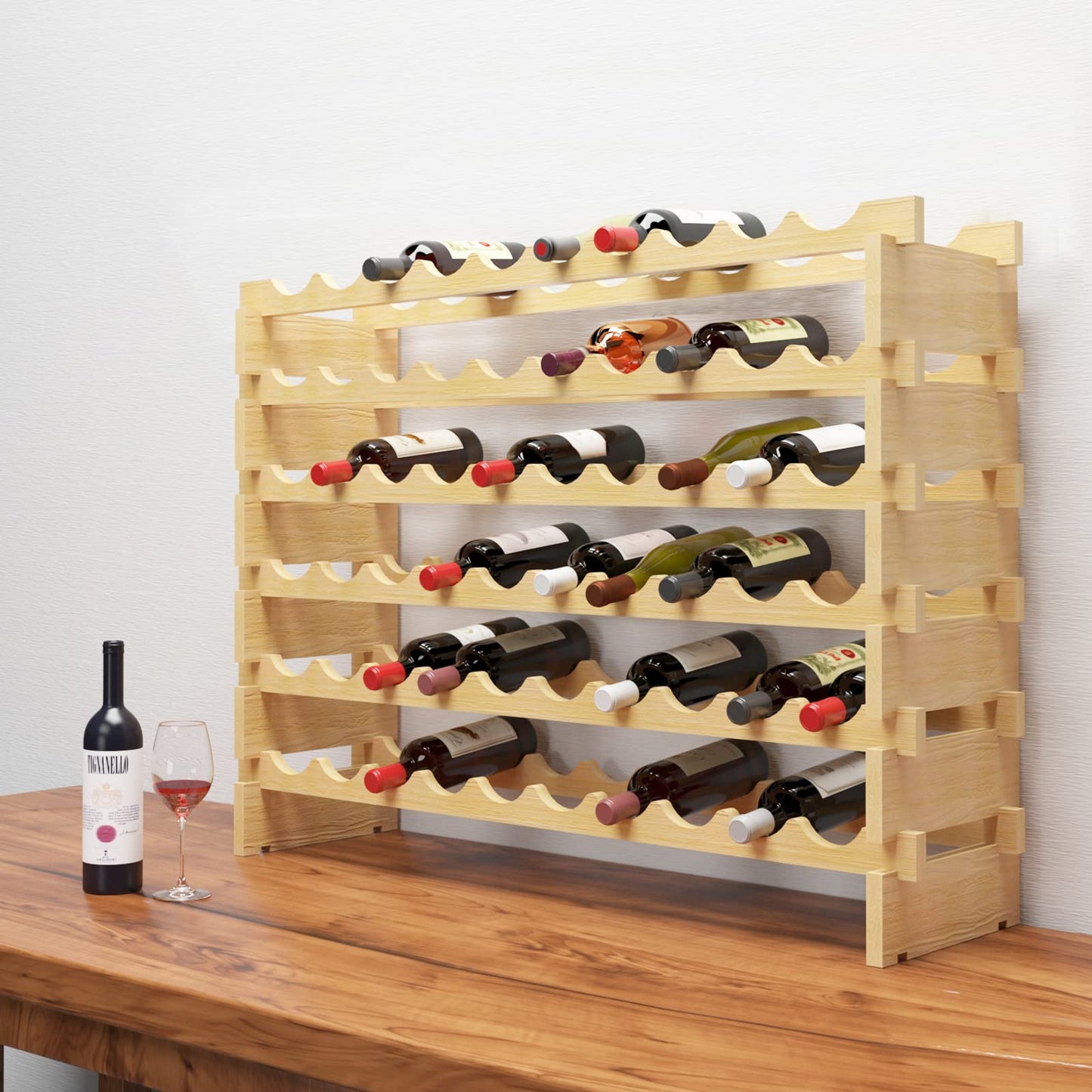 SogesHome Wine Rack Wood Storage Rack Stand, 60 Bottles Holder, 6 Tier Stack-able Wine Storage Organizer Free Standing