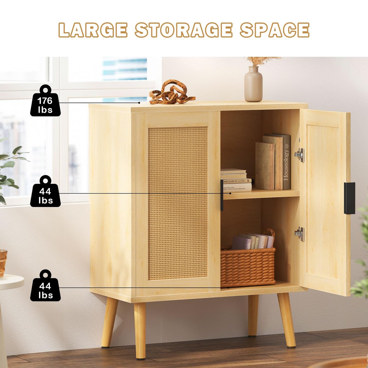 SogesHome Rattan 2-Tier Home Storage Cabinet, Accent Kitchen Cabinet with Door, Natural Sideboard with 2-Inner Storage Shelf Rattan Side Storage Cabinets for Bedroom, Kitchen, Home Office, Oak