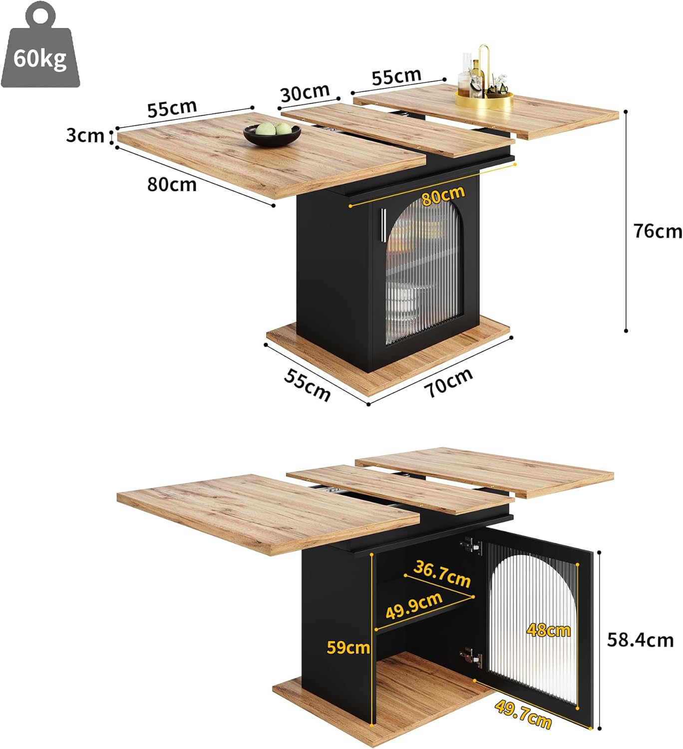 Dining Table, Telescopic Dining Table with Shelf, Space-Saving Kitchen Table, Dining Table with Three Shelves, Extendable Dining Table for Kitchen and Living Room, 140 x 80 cm