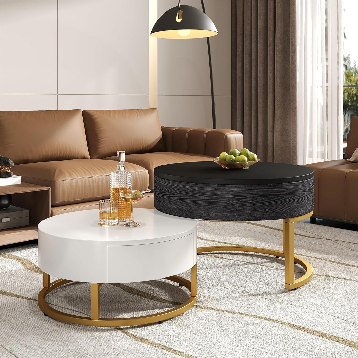 Set of 2 Round Coffee Table, Side Table, Coffee Table, Golden Nesting Table, Fold-Up Coffee Table Combination, Side Table with Two Drawers, 2-Piece Set