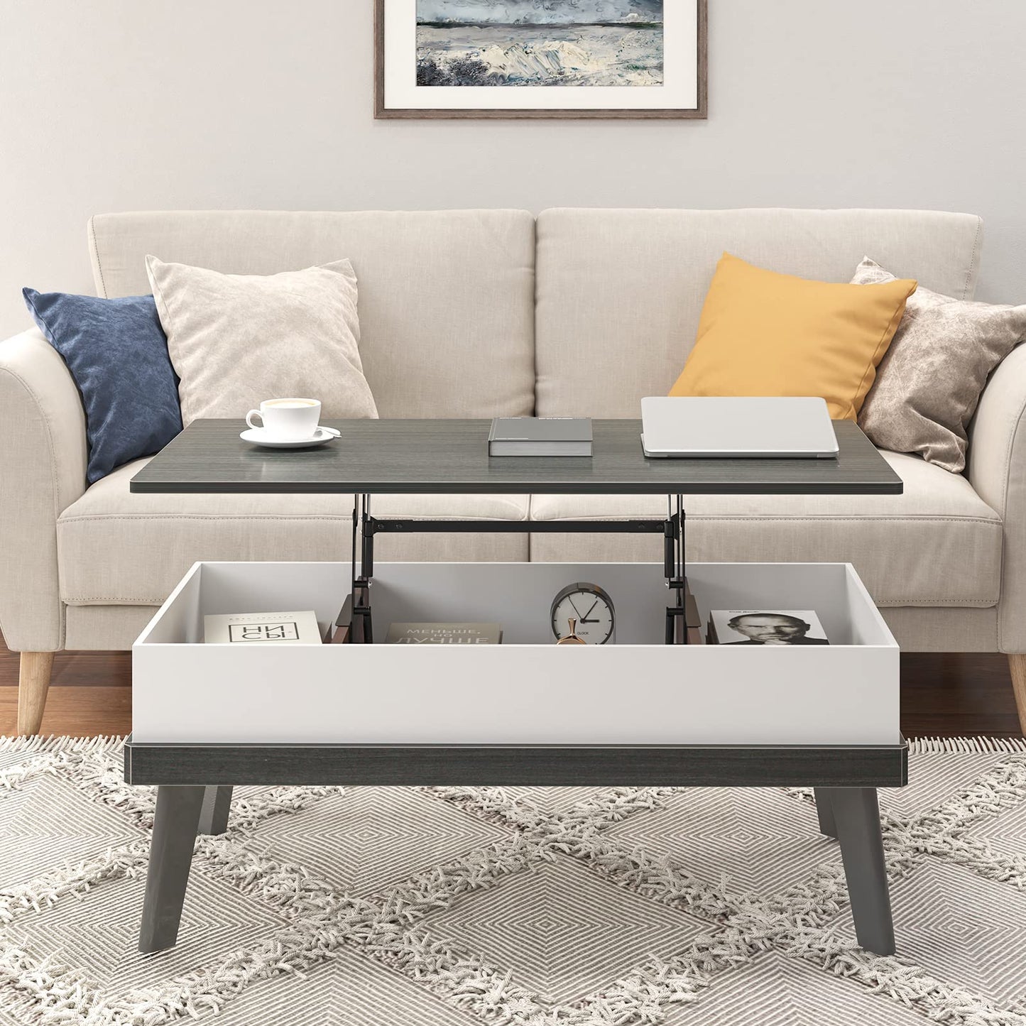 SogesHome Lift Top Coffee Table, Tea Table with Hidden Compartment, Lift Tabletop Table for Living Room, Home Office, Kitchen, Grey&White