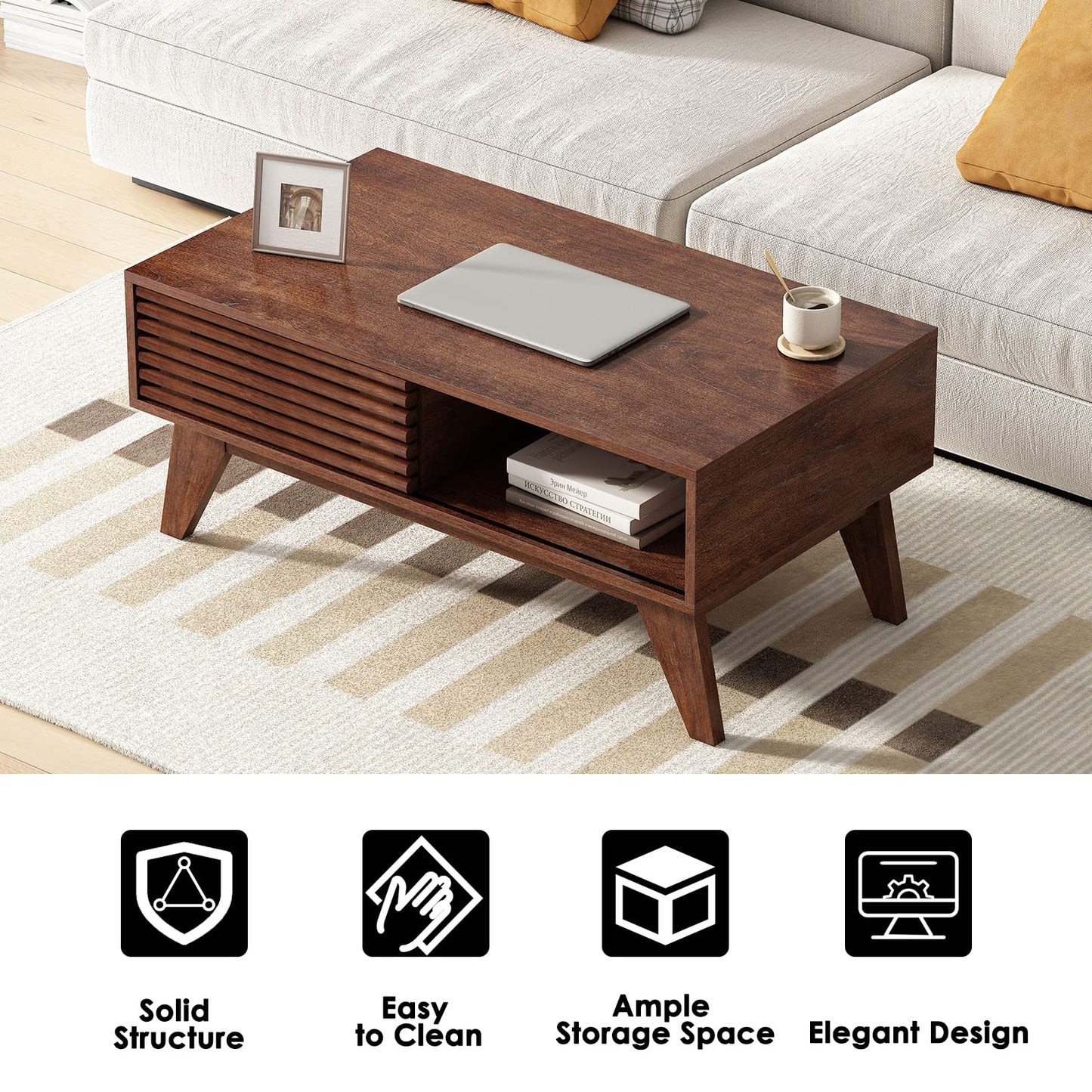 SogesHome Mid Century Wood Coffee Table, Cocktail Table Tea Table with Wood Slat Sliding Door, Snack Coffee Station with 2-Tier Storage Shelves for Living-Room, Brown
