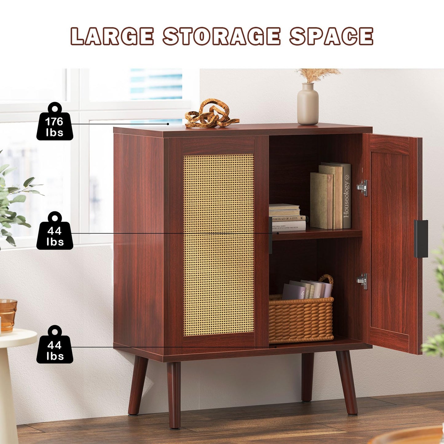 SogesHome Rattan 2-Tier Home Storage Cabinet, Accent Kitchen Cabinet with Door, Natural Sideboard with 2-Inner Storage Shelf Rattan Side Storage Cabinets for Bedroom, Kitchen, Home Office, Brown