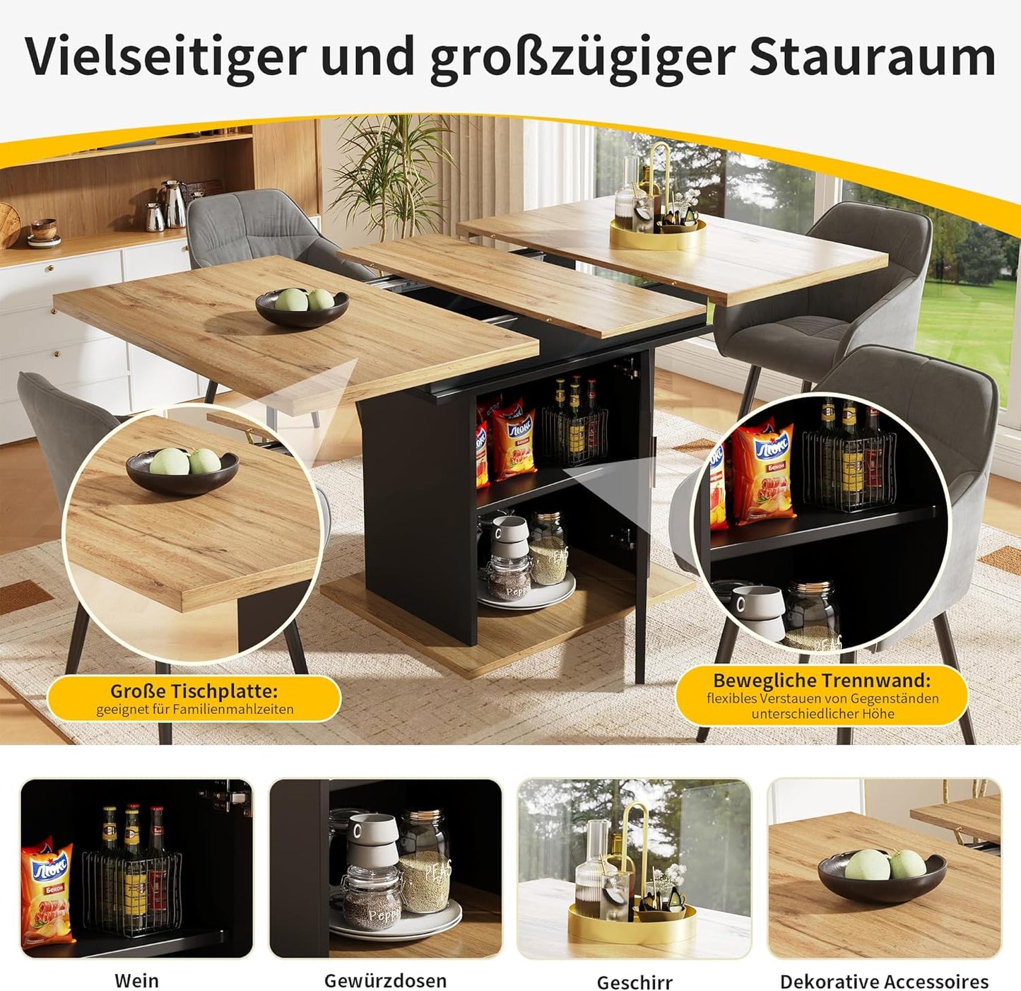 Dining Table, Telescopic Dining Table with Shelf, Space-Saving Kitchen Table, Dining Table with Three Shelves, Extendable Dining Table for Kitchen and Living Room, 140 x 80 cm