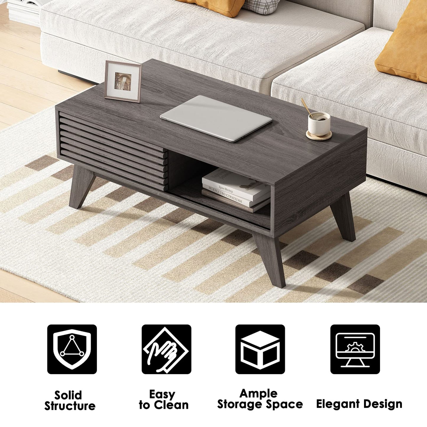 SogesHome Mid Century Wood Coffee Table, Cocktail Table Tea Table with Wood Slat Sliding Door, Snack Coffee Station with 2-Tier Storage Shelves for Living-Room, Grey