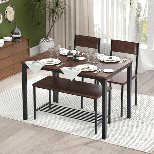 Dining Set of 4 Kitchen Dining Room Placemats for 4 People Modern Wooden Table with 2 Chairs and a Long Bench Space-Saving Place Mat for Restaurant Coffee Shop