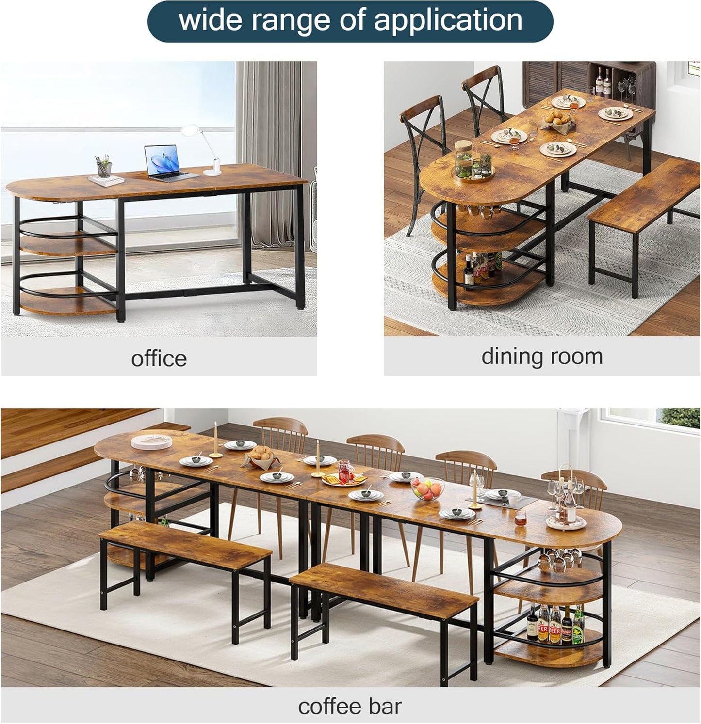 Dining Room Table XXL Large Dining Table 180 cm Metal Wood Material with Shelf 2 Levels and Wine Glass Holder Glass Holder for Dining Room Kitchen