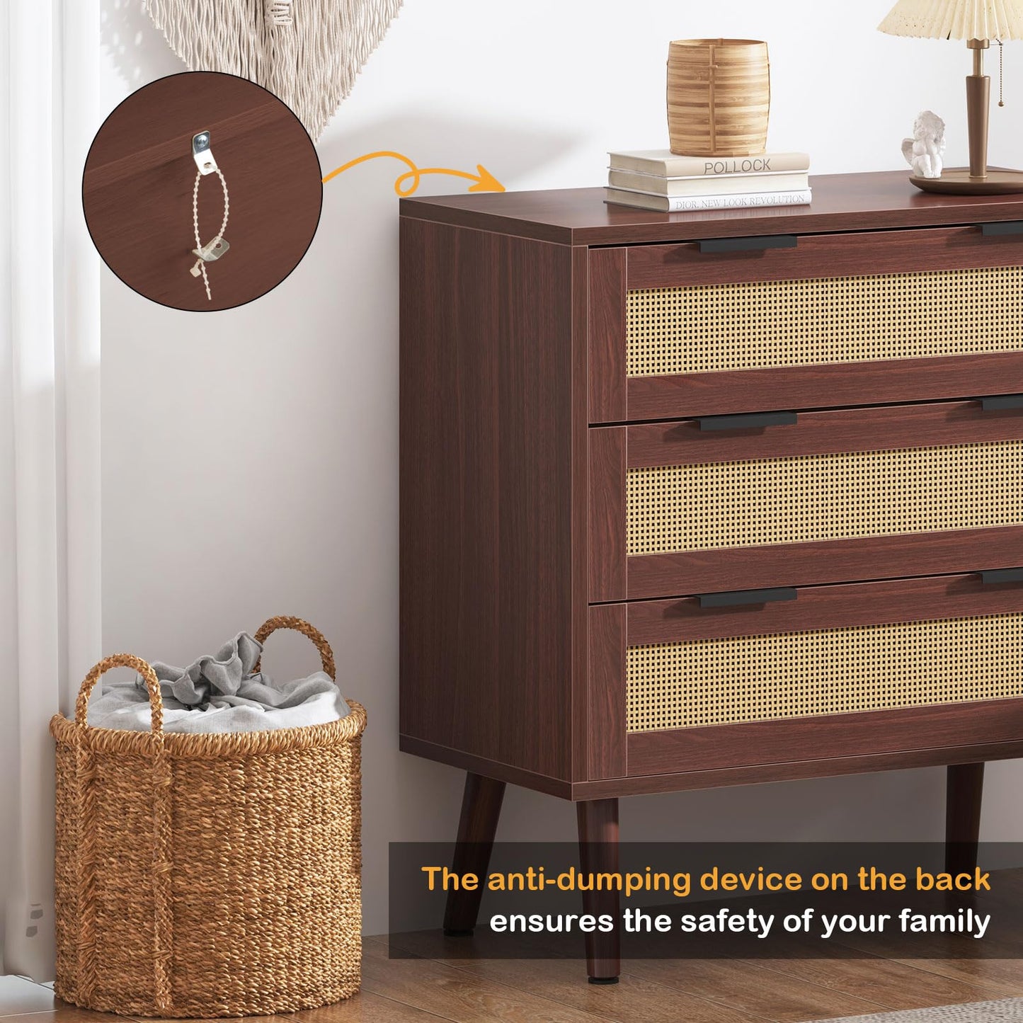 SogesHome Rattan 3-Tier Home Storage Cabinet, Accent Kitchen Cabinet with Door, Natural Sideboard with 3-Drawers, Rattan Side Storage Cabinets for Bedroom, Kitchen, Home Office, Brown