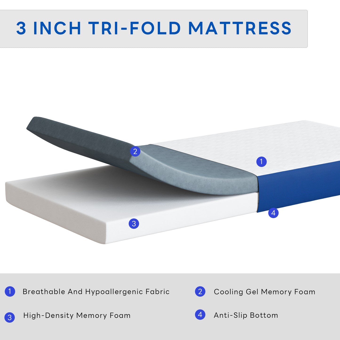 Tri-Fold Memory Foam Mattress, Multiple Size Folding Mattress with Collapsible and Washable Cover, Travel and Guest Mat