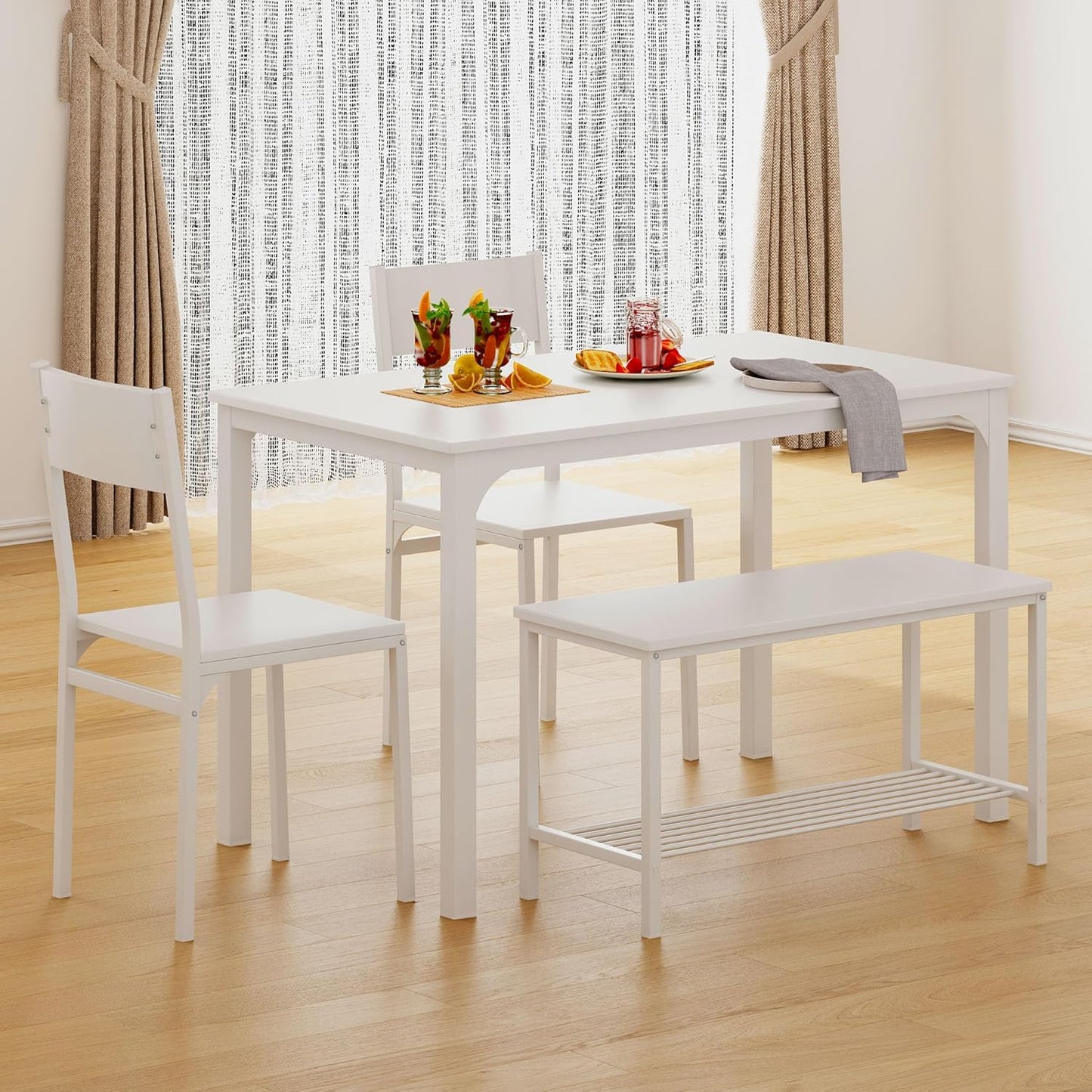 Dining Table Set 4-Piece Dining Room Table Furniture Table Set 2 Chairs and Bench with Shelf Made of Wood and Steel Frame for Dining Room Kitchen