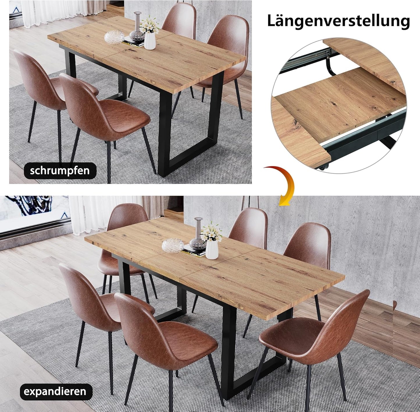 Extendable Dining Room Table, Expandable Dining Table, 140 cm to 180 cm, Large Rectangular Space-Saving Table for 4-6 People, for Dining Room, Kitchen, 180 x 80 cm