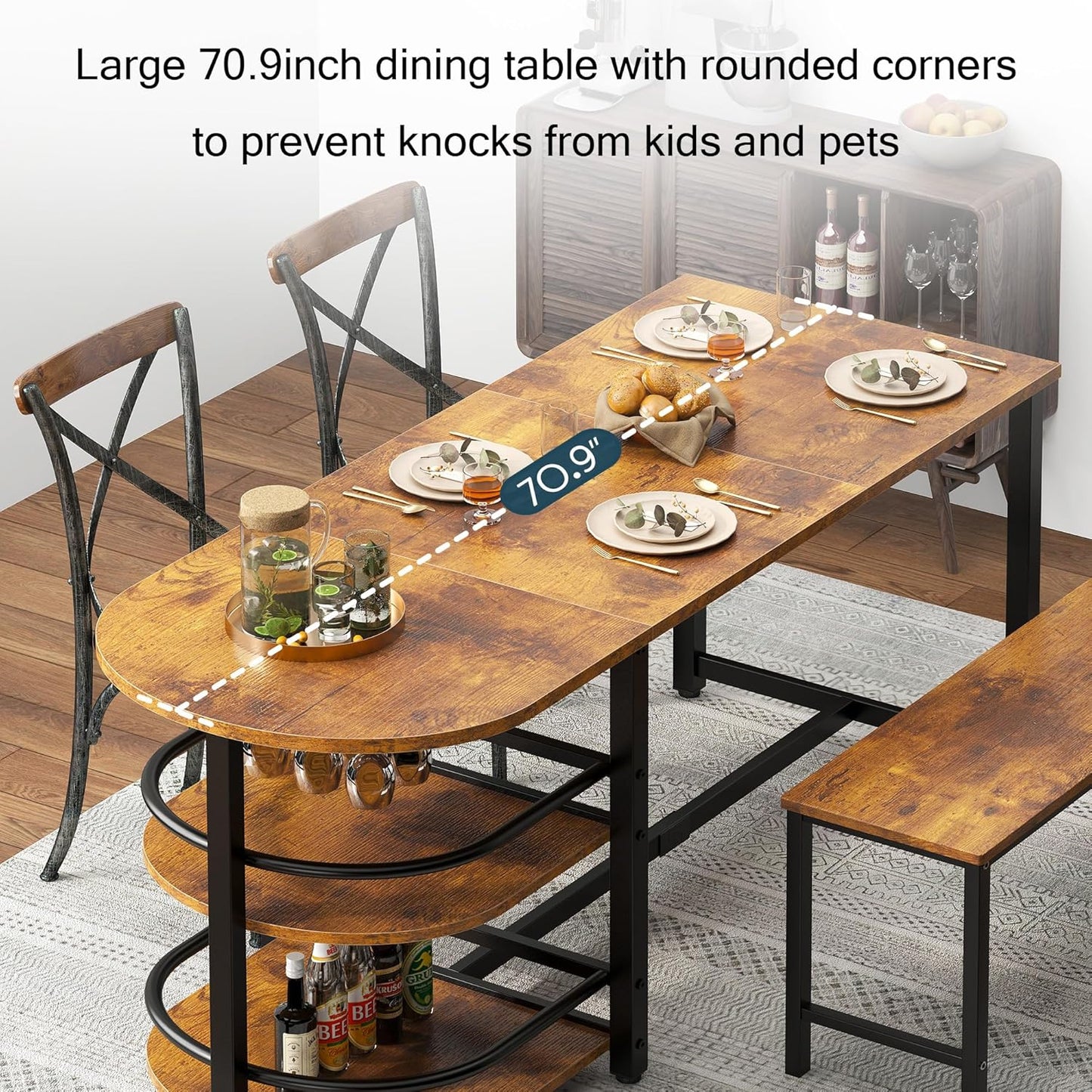 Dining Room Table XXL Large Dining Table 180 cm Metal Wood Material with Shelf 2 Levels and Wine Glass Holder Glass Holder for Dining Room Kitchen