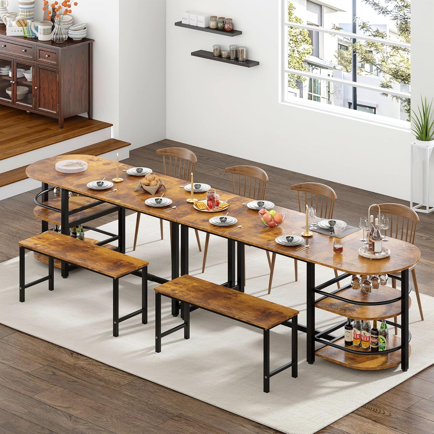 Dining Room Table XXL Large Dining Table 180 cm Metal Wood Material with Shelf 2 Levels and Wine Glass Holder Glass Holder for Dining Room Kitchen