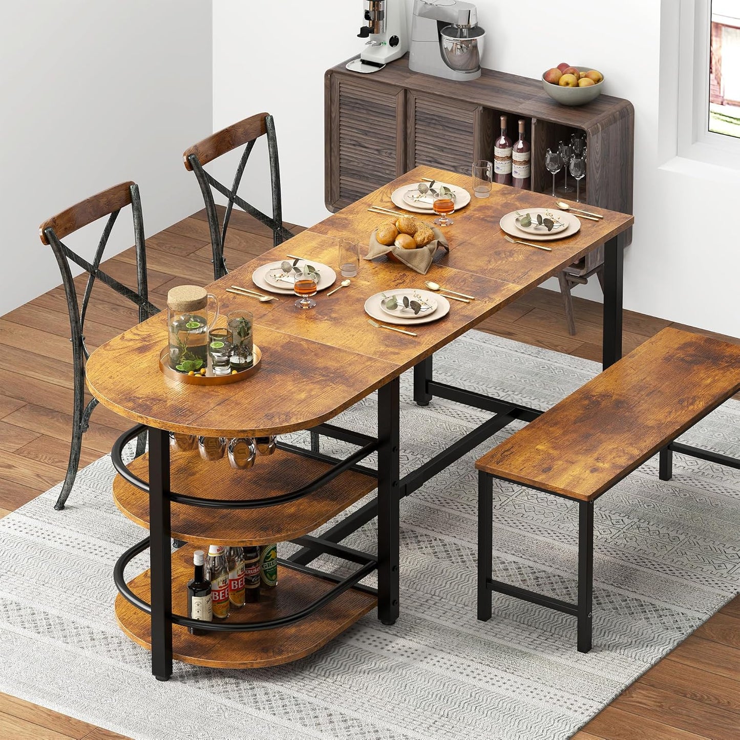 Dining Room Table XXL Large Dining Table 180 cm Metal Wood Material with Shelf 2 Levels and Wine Glass Holder Glass Holder for Dining Room Kitchen