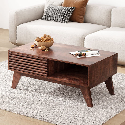 SogesHome Mid Century Wood Coffee Table, Cocktail Table Tea Table with Wood Slat Sliding Door, Snack Coffee Station with 2-Tier Storage Shelves for Living-Room, Brown