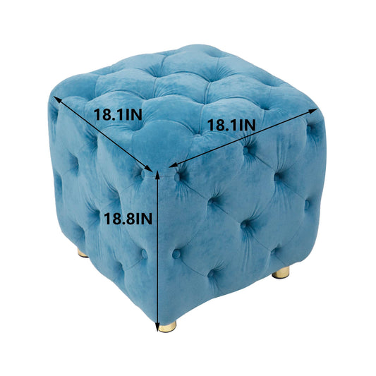 Modern Velvet Upholstered Square Ottoman, Exquisite Small Soft Foot Stool- Blue