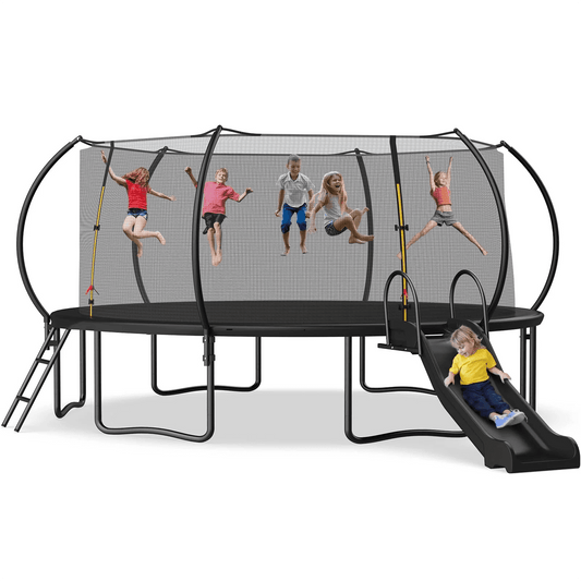Soges 16FT Trampoline with Slide for Kids and Adults Outdoor Trampoline with Ladder and Safety Enclosure Net Pumpkin Trampoline with Curved Poles Heavy Duty Recreational Backyard Trampoline 1500LBS